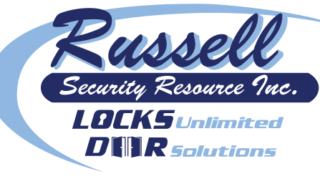 Russell Security Resource Inc. logo with blue script lettering, a swoosh graphic, and the phrases “Locks Unlimited” and “Door Solutions.”