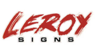 Leroy Signs logo with red brush-style lettering above black “SIGNS” text.
