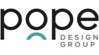 Pope Design Group logo with bold black lettering, a teal arch accent, and gray text below.